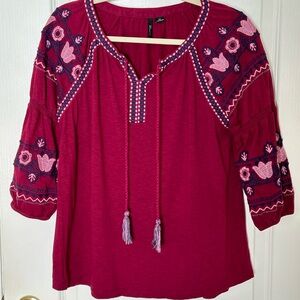 New Directions 3/4 sleeve size petite small, maroon with embroidery details.